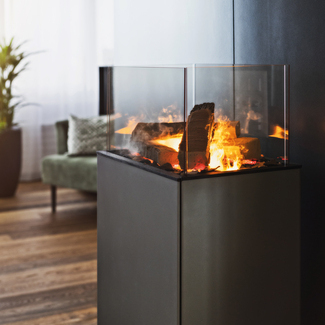 Elektrofeuer eSENSE Living im Wohnzimmer eSENSE Living ist ein Möbel aus Stahl mit integriertem Elektrofeuer.