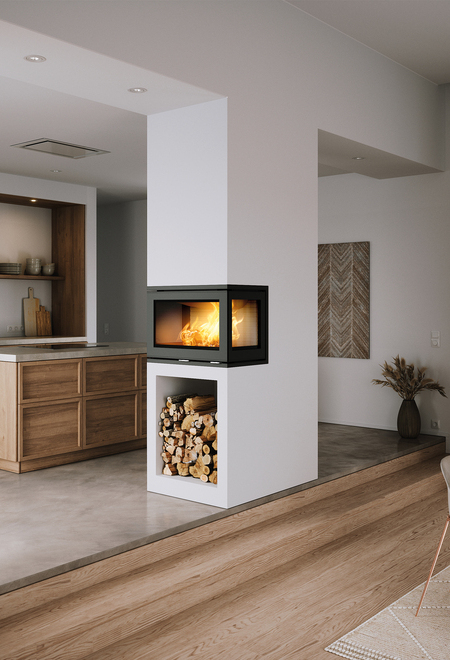 Wood fireplace insert R-500 three sided, installed between kitchen and dining room