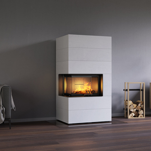 Wood fireplace VISIO 2 ELEMENT built into white-painted concrete elements next to sofa and sideboard
