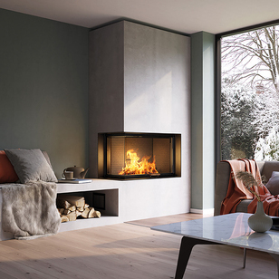VISIO 2 L right Wood fireplace insert VISIO 2 L with a cosy side bench in the living room in the winter atmosphere