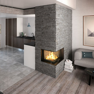 VISIO 2 rechts mit schwarzem Rahmen Holz-Kamin VISIO 2 rechts, der Eckkamin trennt Küche und Wohnzimmer und eine moderne Treppe führt in die obere Etage