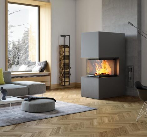VISIO 3:1 ST Holz-Kamin VISIO 3:1 ST teilt als freistehender, fertig eingebauter Kamin Räume intelligent auf und präsentiert das Flammenbild auf alle Seiten