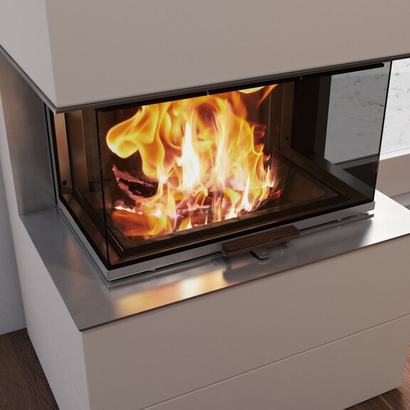 Wood fireplace VISIO 3 ELEMENT with stainless steel window & support frame and high flame in the firebox