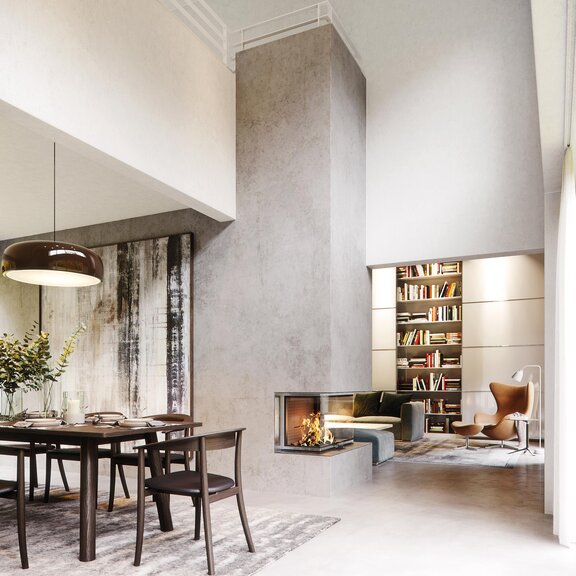 Wood fireplace VISIO 3 L is in the right place at the centre of the room thanks to its generous firebox and 3-sided view of the flames