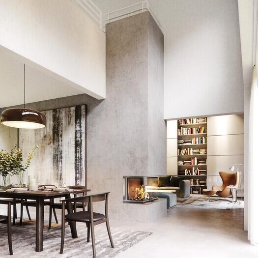 Wood fireplace VISIO 3 L is in the right place at the centre of the room thanks to its generous firebox and 3-sided view of the flames