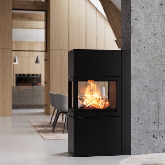 Room divider 600 RD in black and with flush top plate on concrete wall