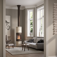 JUNO 166 L with natural stone «Porto» cladding and steel door in the colour mocha JUNO 166 L with natural stone «Porto» cladding and steel door in the colour mocha in a modern living room with large window fronts