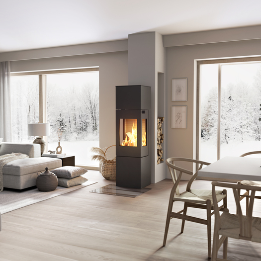 NEXO 160 in black with steel door Wood stove NEXO 160 in black with steel door and side window in the centre of the living room between the dining area and living room