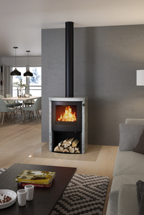 Q-TEE 2 C Soapstone with steel door Wood stove Q-TEE 2 C Soapstone with steel door and wood compartment in the living room in various shades of grey