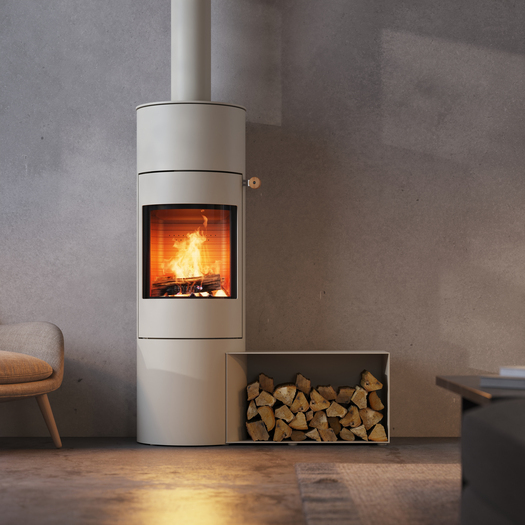 VIVA 140 L in the colour sand Wood stove VIVA 140 L in the colour sand with steel door and side bench