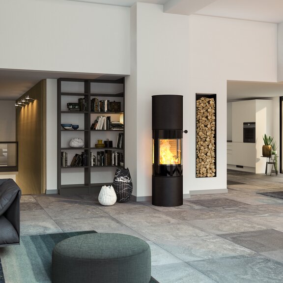 Wood stove VIVA 160 L in black with glass door in a spacious, modern living room