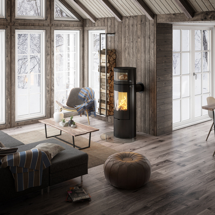 Wood stove VIVA L oven in black with integrated baking compartment, in which fresh bread is baked with the heat of the fire