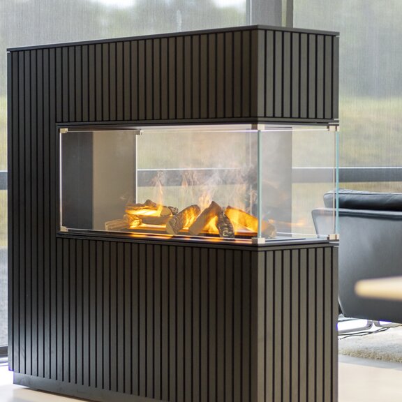 Feu électrique Panel Wall Séparateur de pièce profond Revêtement en bois foncé latéral