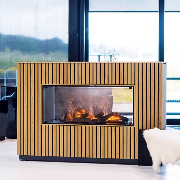 Foyer électrique Panel Wall Tunnel profond Habillage en bois avec baie vitrée
