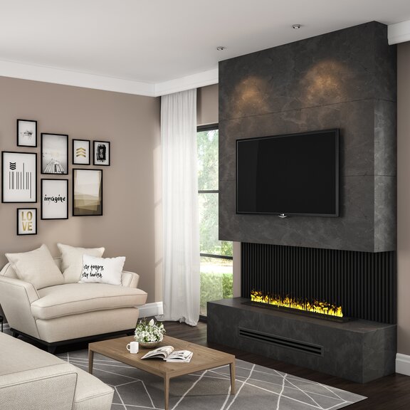 Feu d'effet électrique Cassette 1000 de Dimplex dans un salon confortable intégré dans un mur noir