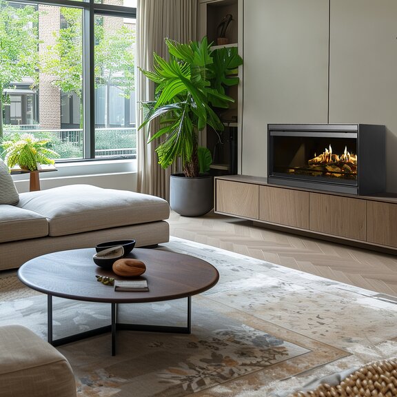 Cheminée électrique E-One 100 face indépendante sur un sideboard en bois dans un salon avec canapé et grandes fenêtres