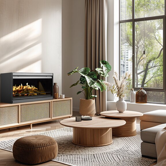 Cheminée électrique E-One 100 face indépendante sur meuble marron dans un salon confortable aux couleurs automnales