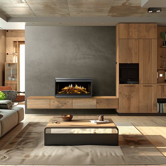 Foyer électrique E-One 100 face Pose libre sur un buffet en bois dans un salon rustique avec un canapé dans les tons bruns
