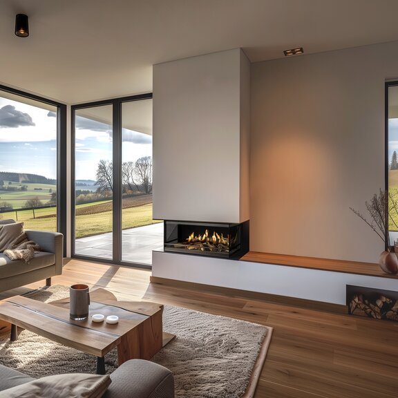 La cheminée électrique E-One 100 tri-face dans un salon moderne avec des éléments en bois et de grandes fenêtres.