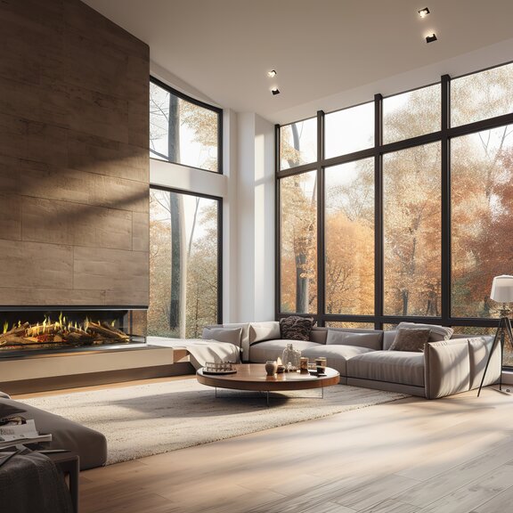 Le foyer électrique E-One 190 S dans un loft moderne avec de grandes fenêtres, un plancher en bois et encastré dans un élément en pierre.
