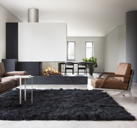 Gas-Kamin GP85/50R Raumteiler im schlichten Wohnzimmer Gas-Kamin GP85/50R Raumteiler im schlichten Wohnzimmermit hellen Wänden und schwarzem Teppich